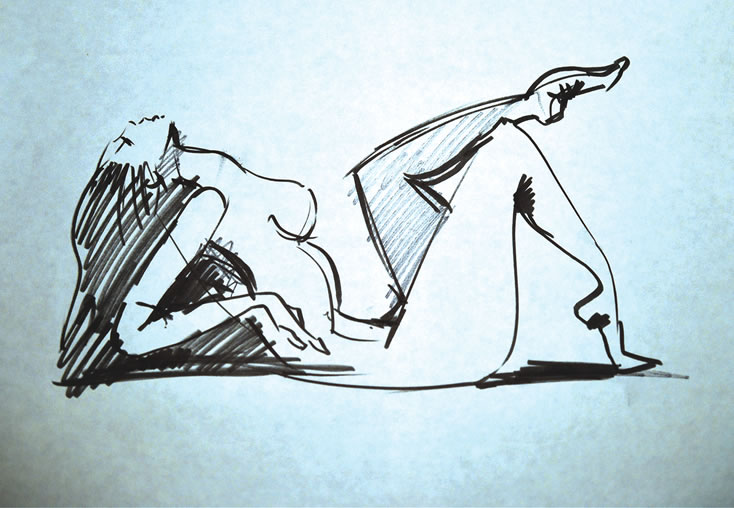 A black-and-white sketch by Hugo using Sharpie markers and pens