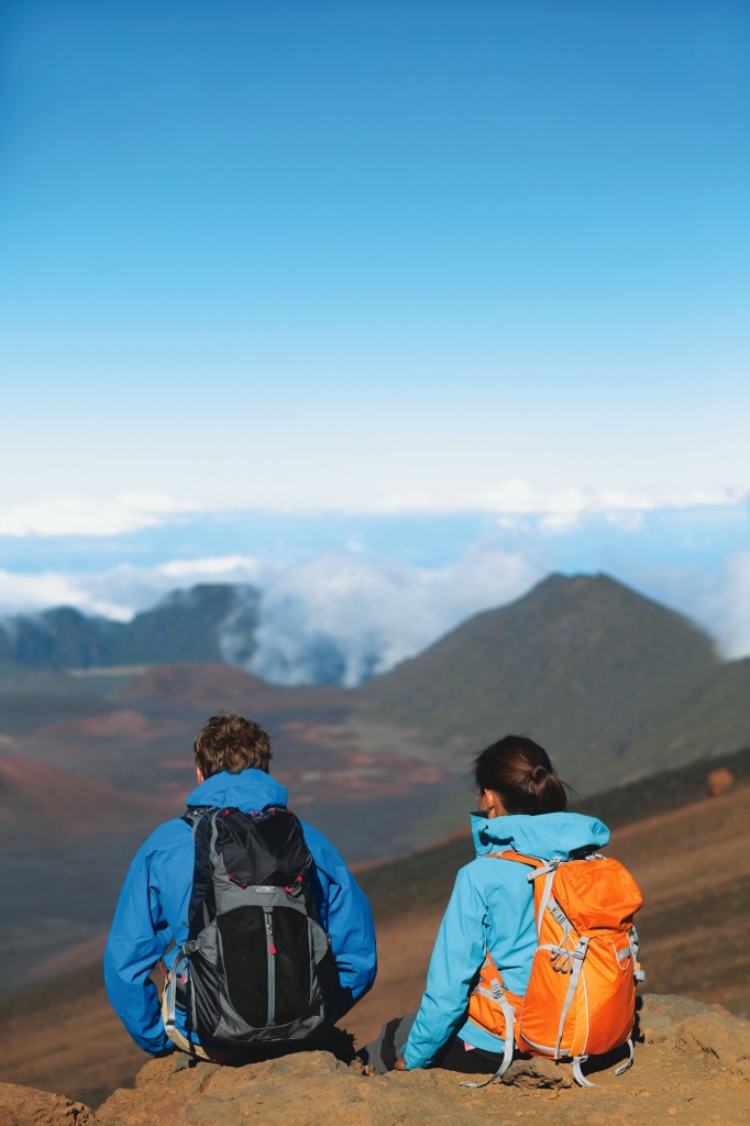 Hikers enjoy the view of the craters at Haleakala National Park.