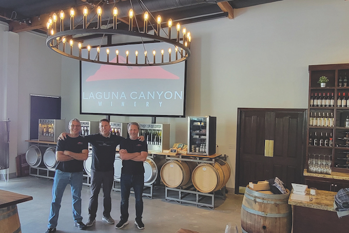 Laguna Canyon Winery team 2-J.J. Huber middle with winemaker and wine blender_credit J.J. Huber